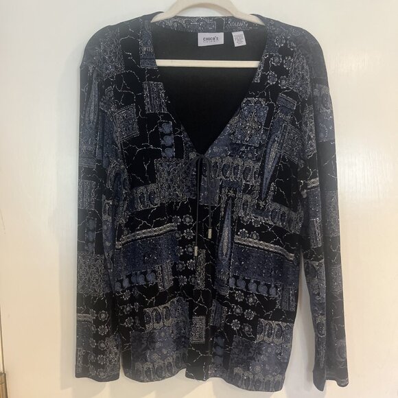 Chico’s Travelers Sz 2 US Sz 12 Jacket Black Glitter Metallic Long Sleeve Tie - Picture 1 of 11